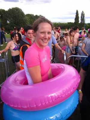 human hoopla with rubber rings at Slide the City