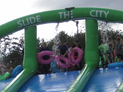 At the top, preparing to Slide the City